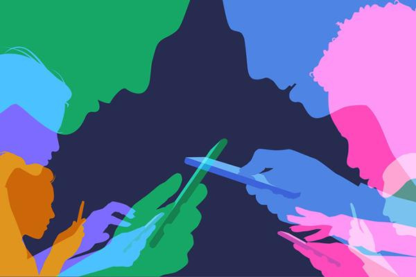 illustration showing multiple overlapping silhouettes of people using smartphones, in bright colors against a dark blue background